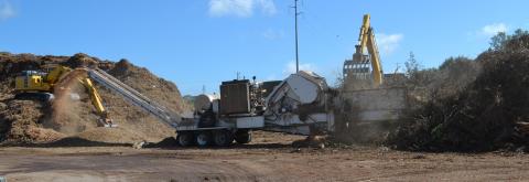 Tree debris from Hurricane Laura (right) is fed into a machine that grinds the vegetative waste into mulch. That mulch will be used in a variety of ways, including being used as fuel, used for landscaping city properties, and some will be made available to residents.