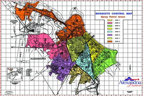 This map shows the eight spraying zones for the City of Alexandria. Workers cover two zones each night they spray, going in order starting with Zone 1. Workers spray four zones per week, covering the entire city every two weeks, weather permitting.