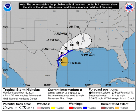 Tropical Storm Nicholas Cone Map